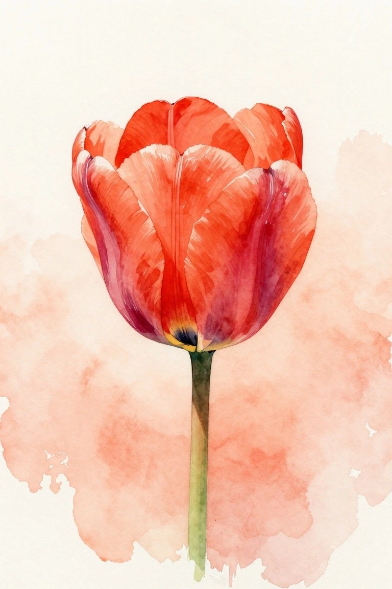 A red tulip with layered petals and a green stem painted against a soft peach watercolor background.