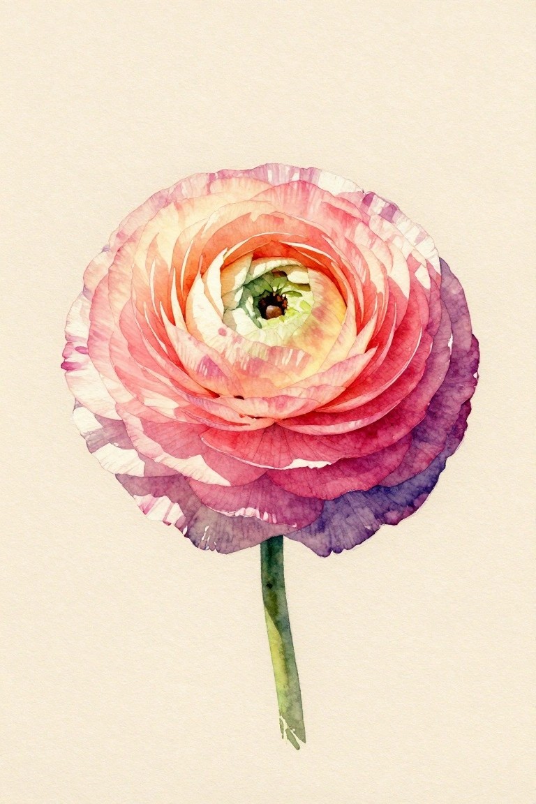 Watercolor of vibrant pink-orange-purple ranunculus flower with layered petals and green stem.