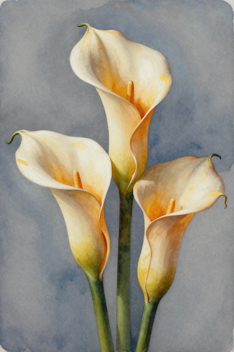 Three white-and-orange calla lilies with green stems in soft watercolor style