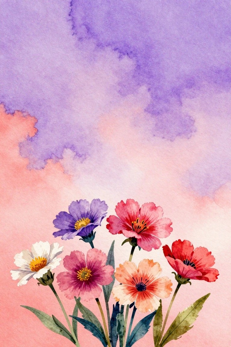 Watercolor painting of colorful pink purple red flowers with green leaves against pastel sky