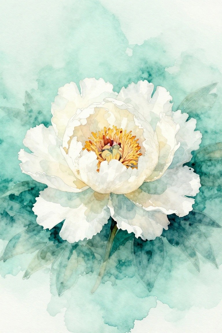 White watercolor peony with yellow stamens and green leaves on teal background