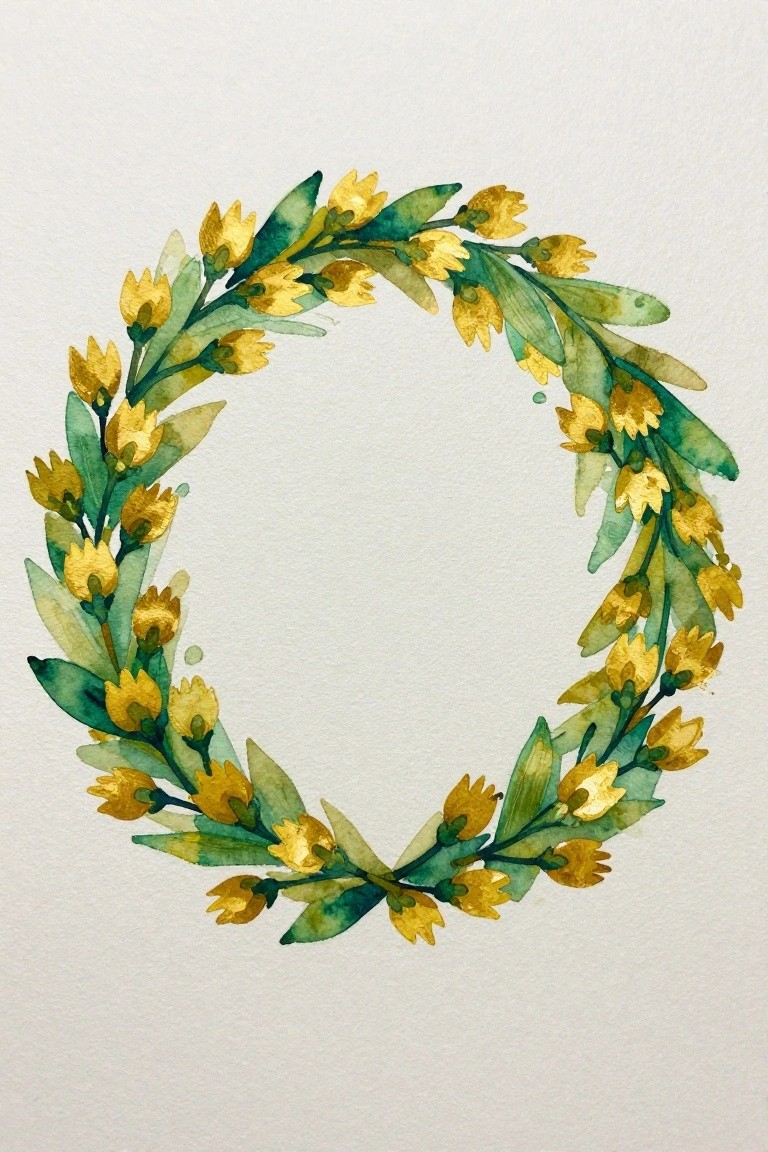 Watercolor wreath of yellow gold flowers with green leaves on white background