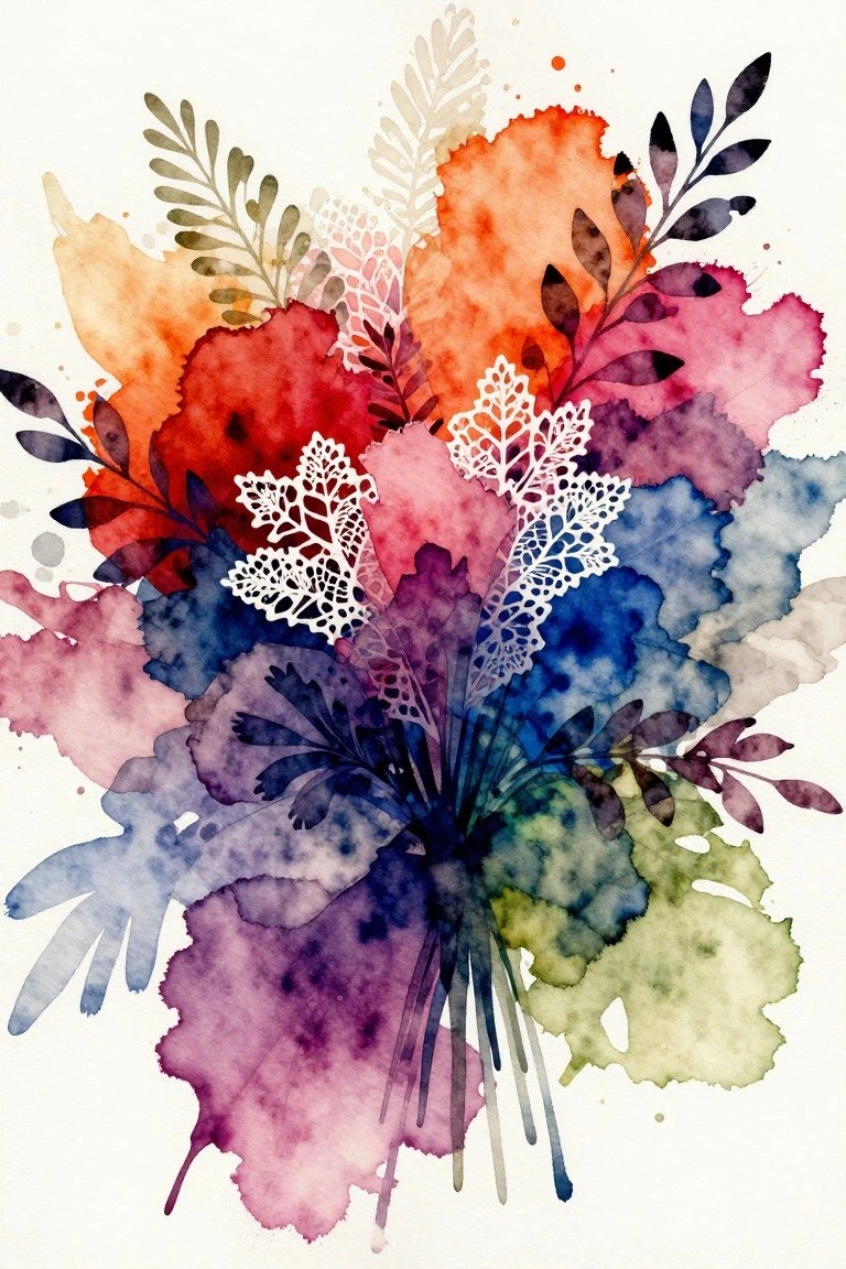 A vibrant abstract watercolor painting of a floral bouquet with overlapping red, orange, blue, and purple leaves and white intricate foliage details.