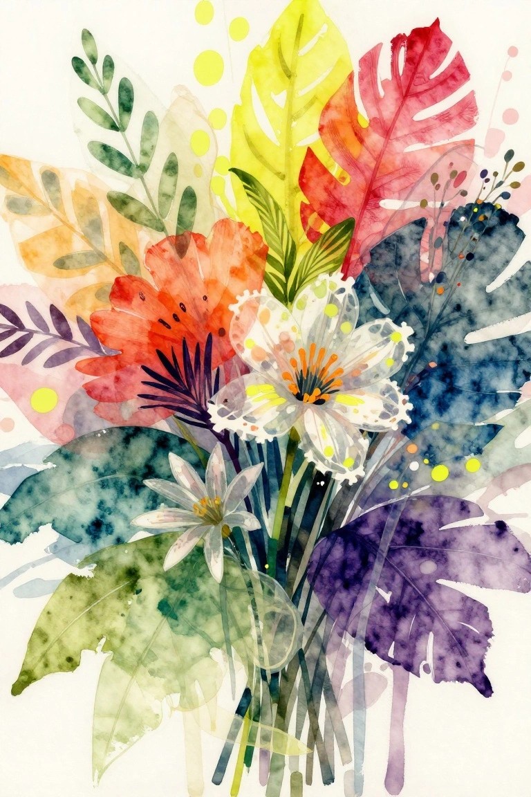 Vibrant watercolor bouquet of tropical flowers and rainbow-colored leaves with splashes