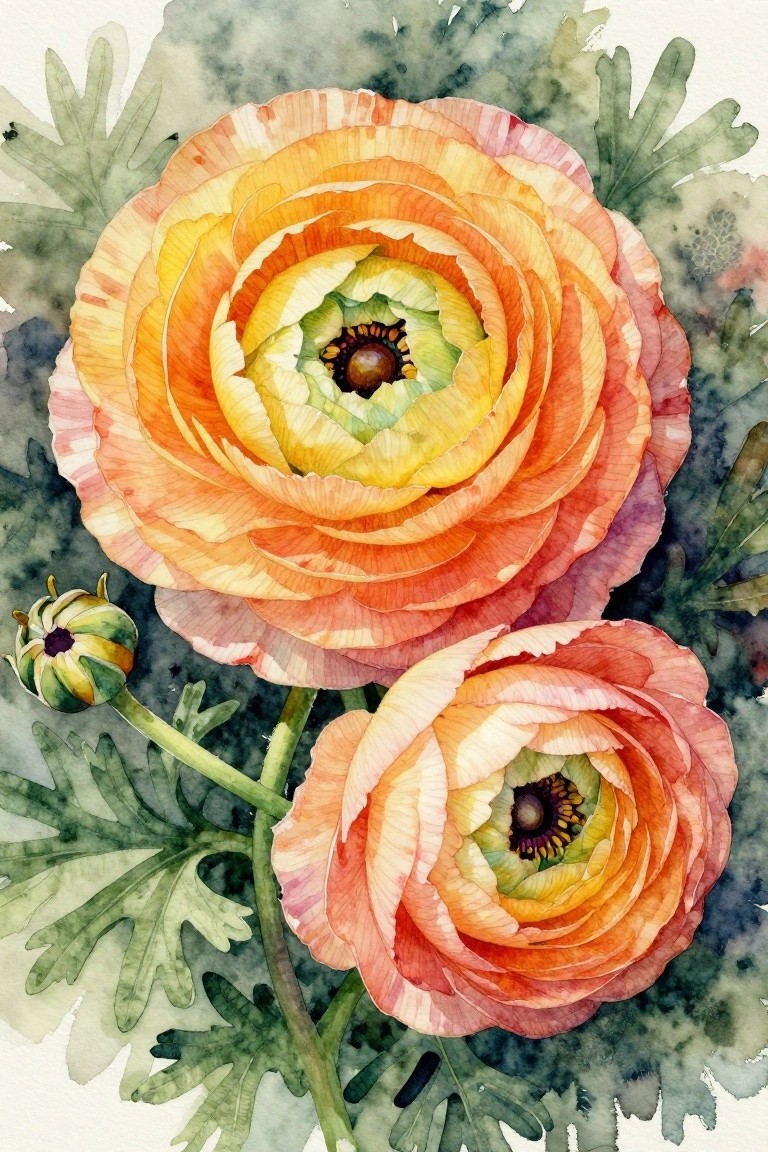 Watercolor painting of two large orange and yellow ranunculus flowers with green leaves and one small bud.