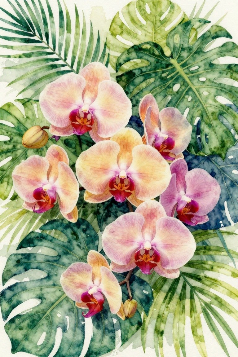 A watercolor painting of pink and yellow orchids surrounded by green monstera and palm leaves.