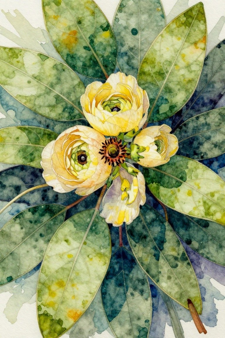 Watercolor painting of yellow blooms nestled among speckled green and blue leaves