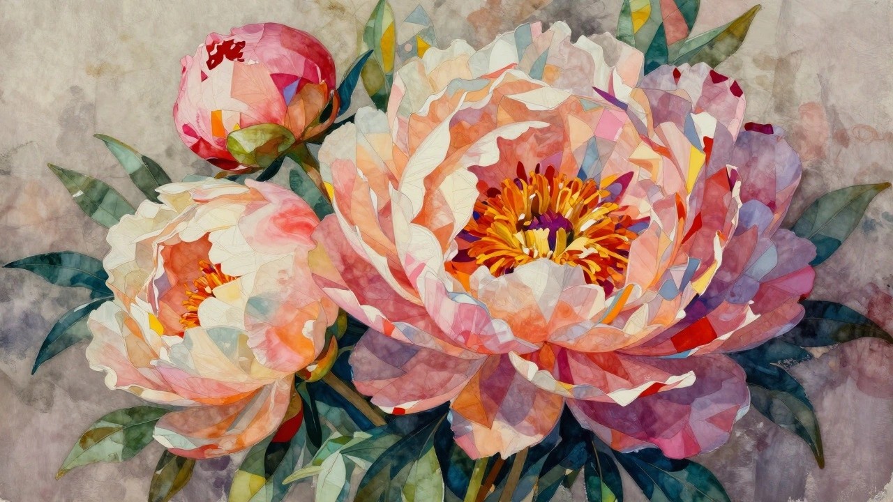 Vibrant pink-orange watercolor peony with yellow center, geometric petals, and green leaves