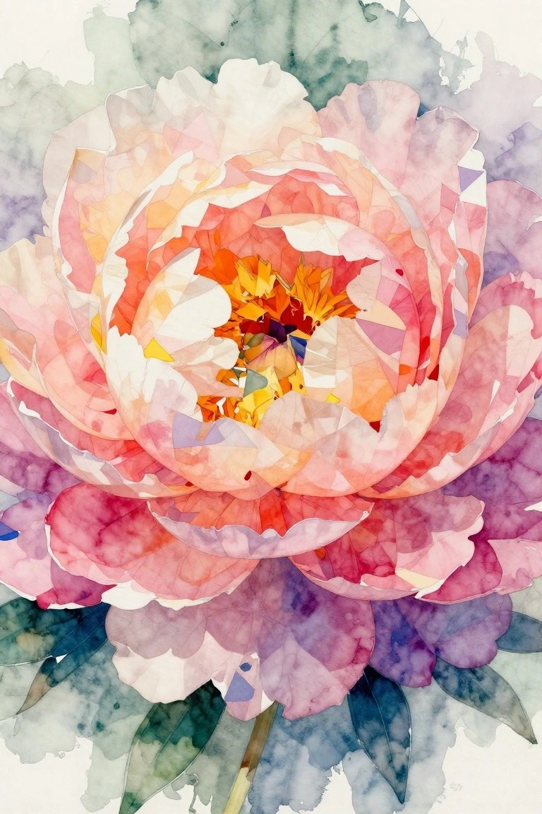 Vibrant pink-orange watercolor peony with yellow center, geometric petals, and green leaves