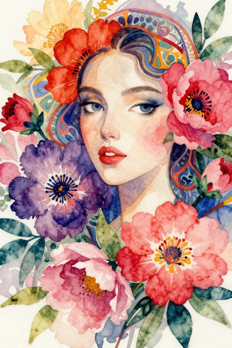 A watercolor-style painting shows a woman's face framed by large red, pink, and purple flowers with a colorful patterned headpiece.