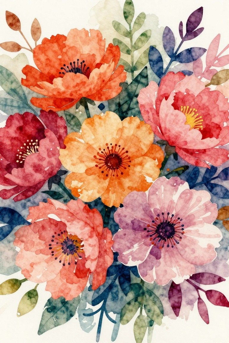Vibrant watercolor flowers in red, orange, pink, and purple with green leaves.