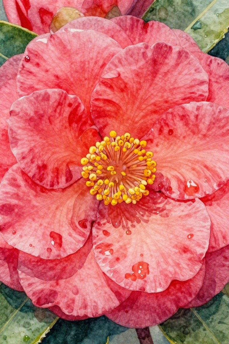 A close-up watercolor painting of a red camellia flower with yellow stamens and water droplets on layered petals, with green leaves visible in the background.