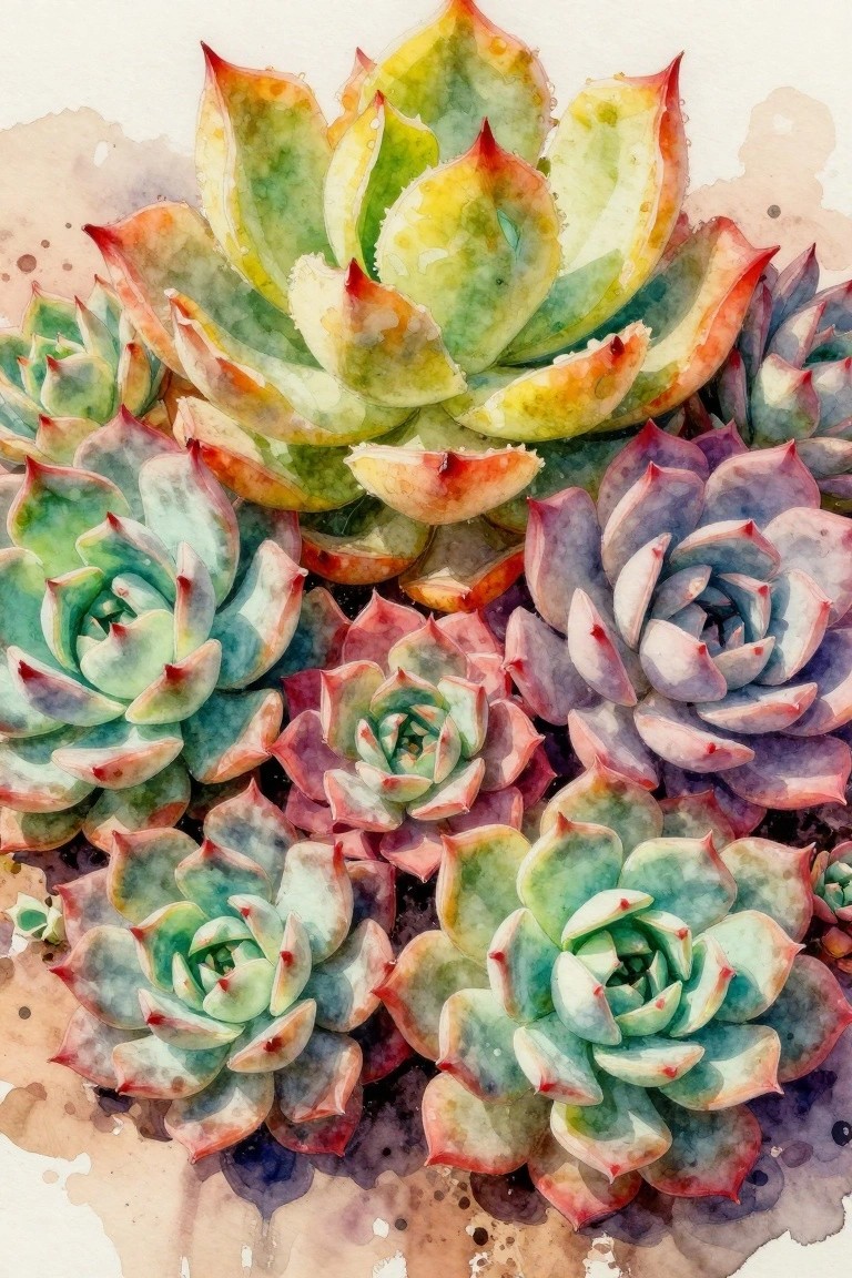 Vibrant watercolor succulents in greens, purples, and reds with water droplets