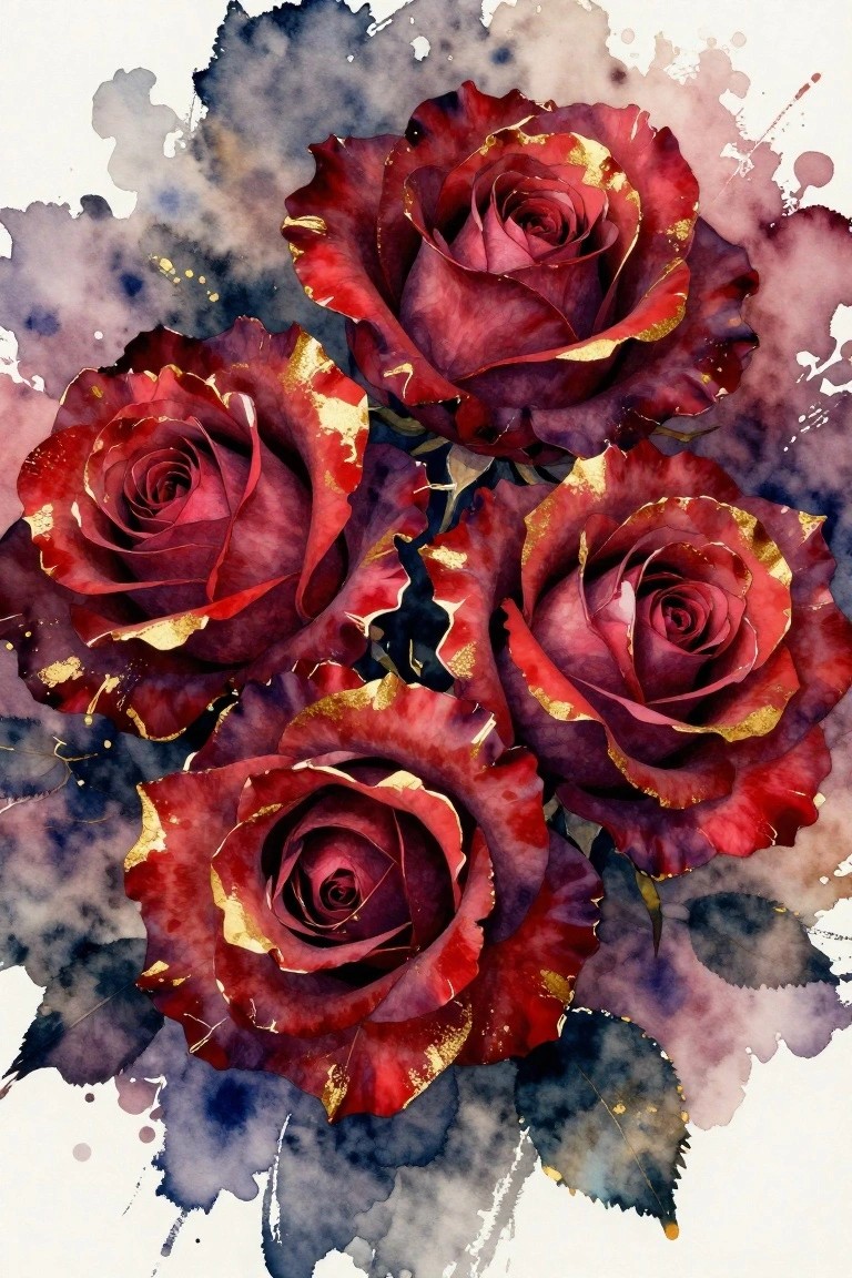 Watercolor cluster of deep red roses with gold accents on dark abstract splashes
