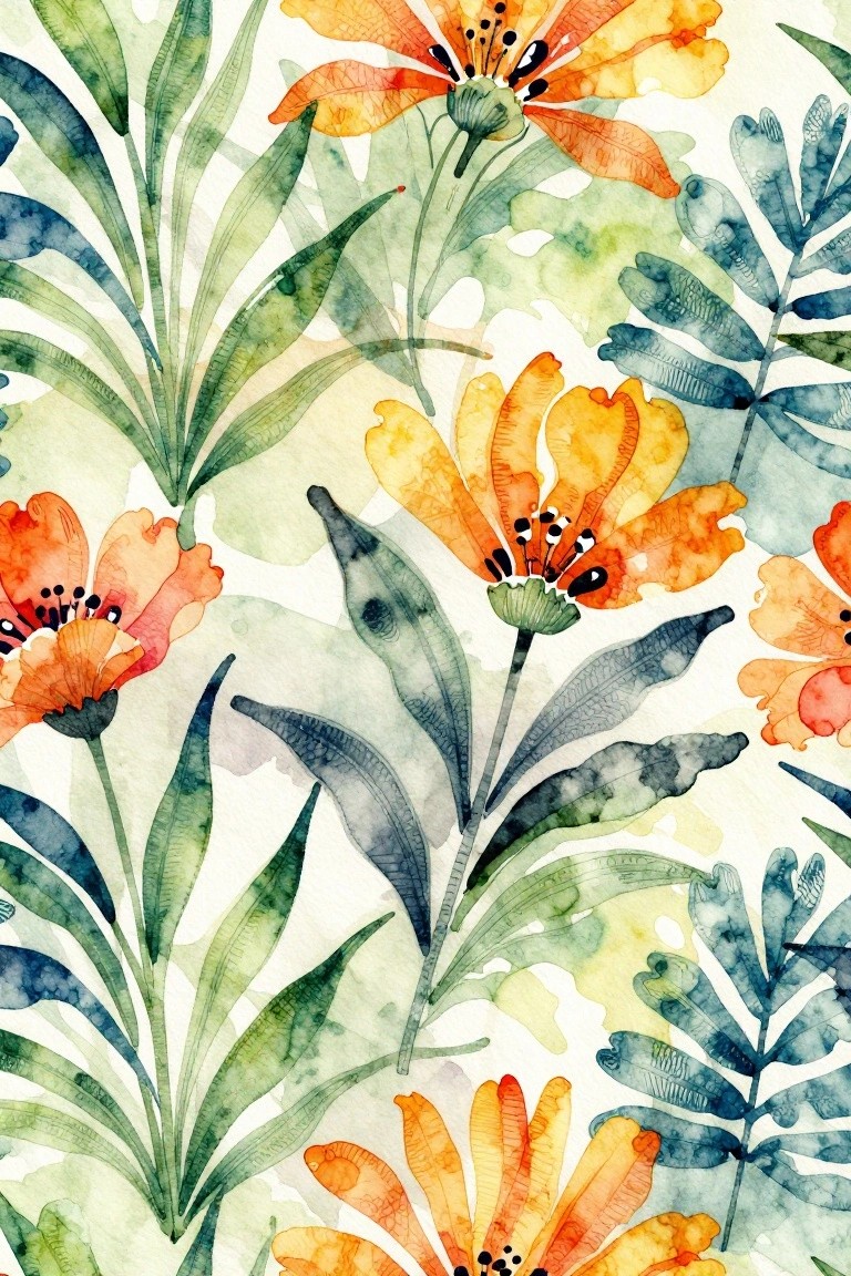 Watercolor painting of orange and yellow flowers with layered green and blue leaves on a light background.
