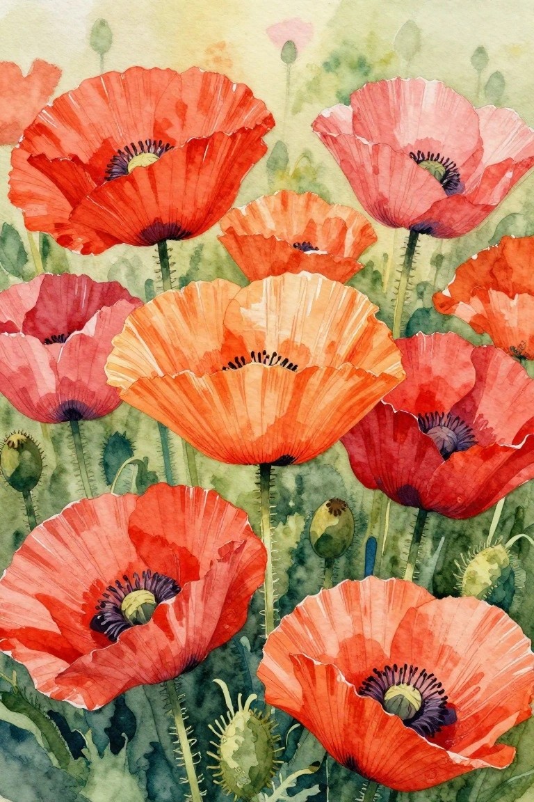 Vivid watercolor poppies in red and orange hues amid green stems and buds.