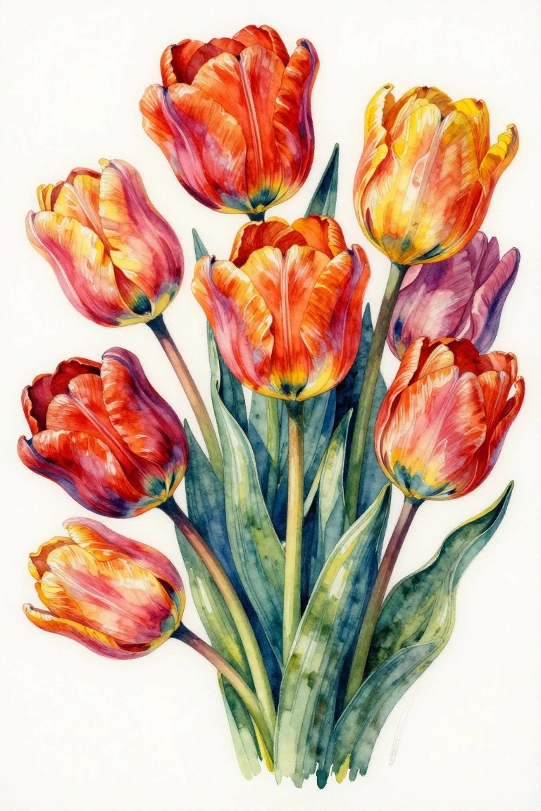 A watercolor painting of colorful tulips in red, orange, and yellow tones with green leaves on a white background.