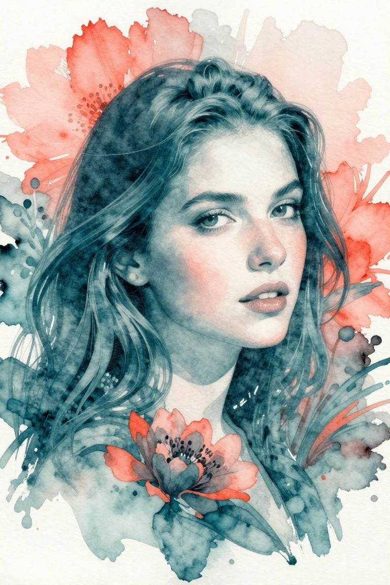 Watercolor portrait of a young woman with flowing hair amid red flowers