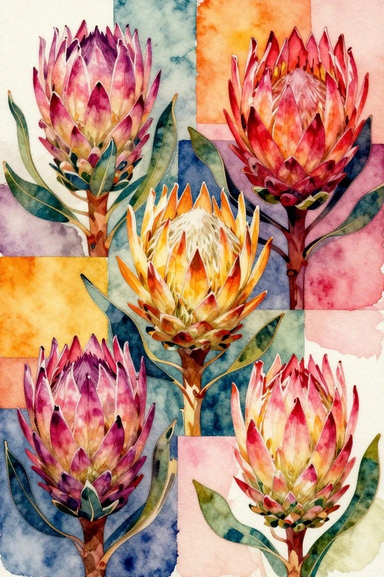 Vibrant watercolor proteas in pink, purple, orange and yellow on abstract patchwork background