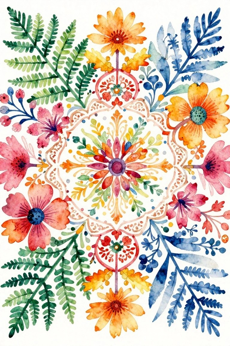 Vibrant watercolor mandala with colorful flowers, leaves, and symmetrical patterns