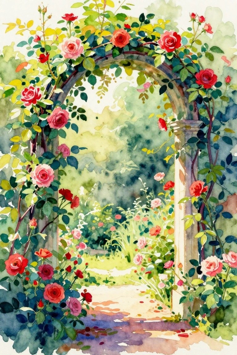 Watercolor of a rose-covered stone arch framing a lush garden path.
