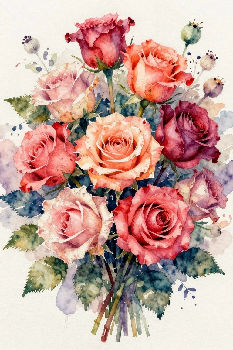 Watercolor bouquet of blooming roses in pink, red, and orange with green leaves