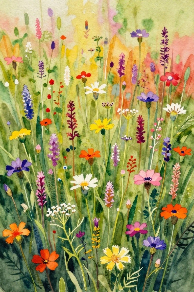 Vibrant watercolor meadow of colorful wildflowers with green stems and foliage