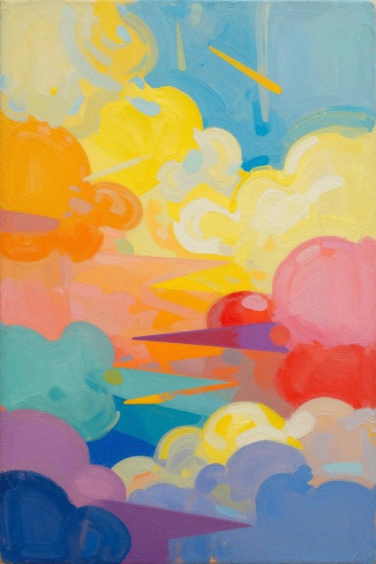 Vivid abstract painting of colorful clouds and geometric shapes in a bright sky