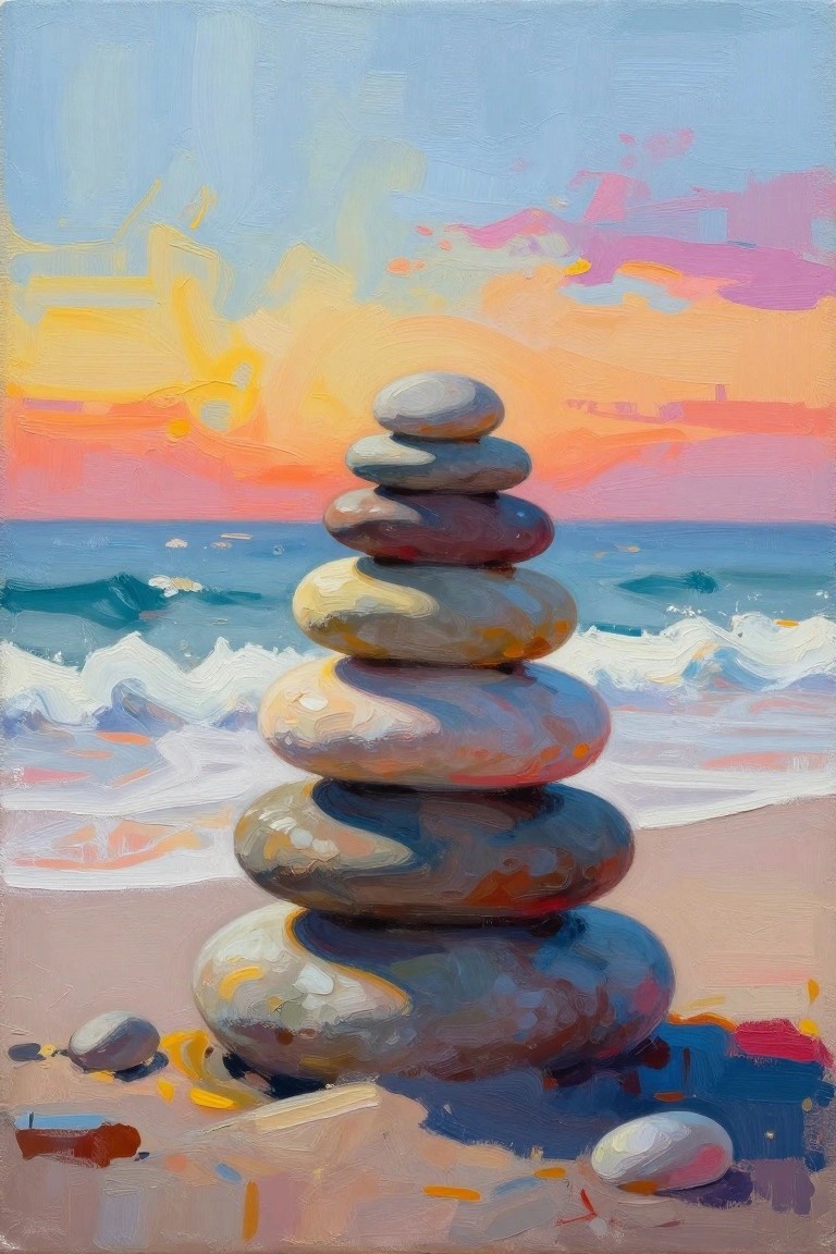 A painting of stacked smooth stones on a beach with ocean waves and a colorful sunset sky.