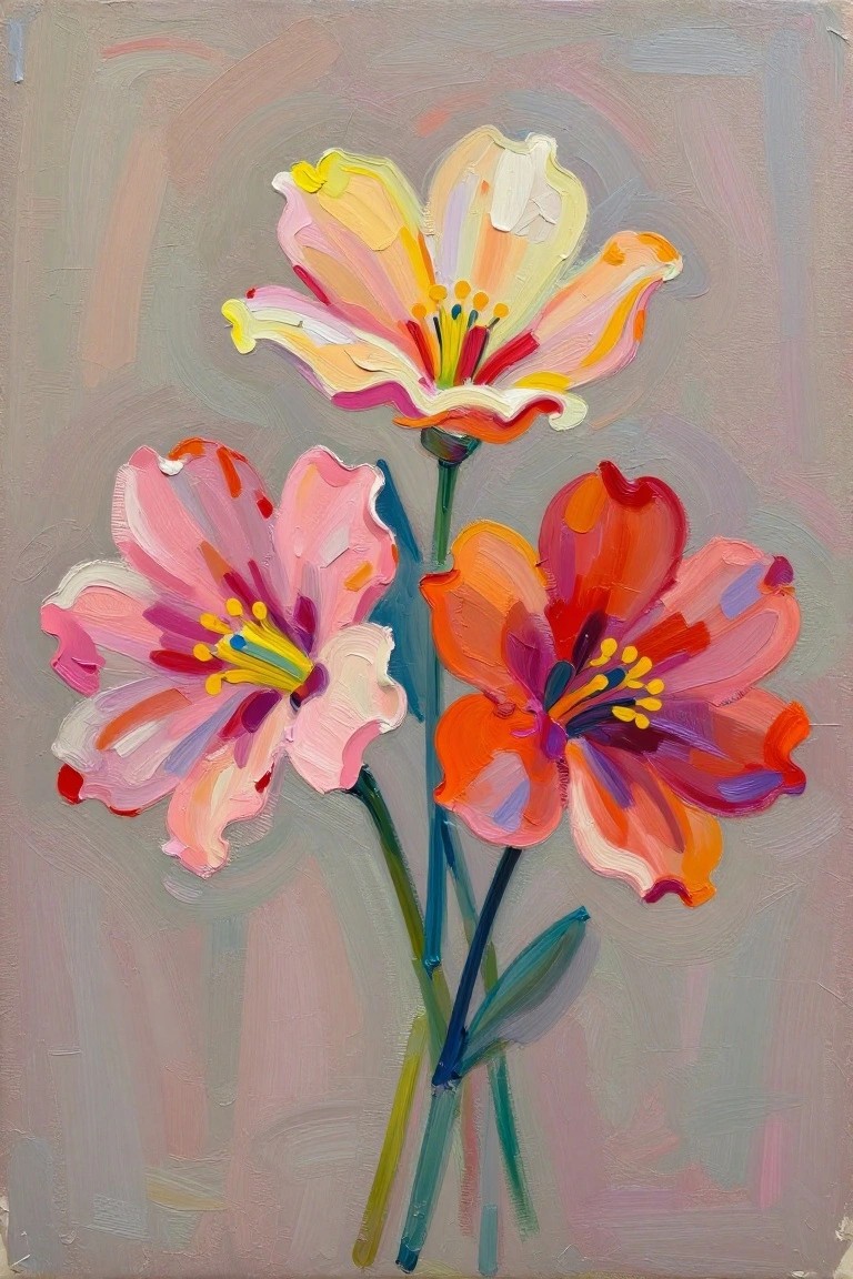 A painting of three colorful flowers with green stems on a gray background.