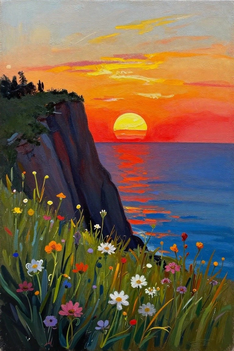 Vibrant sunset over ocean with rocky cliff and colorful wildflowers in foreground.