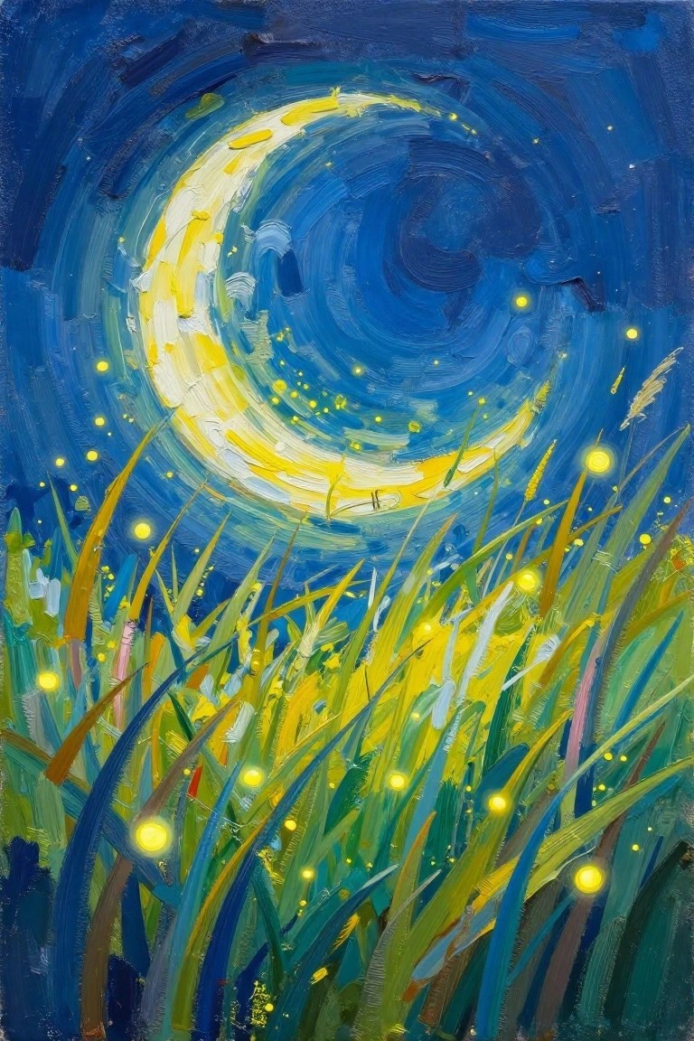 Swirling blue sky with glowing crescent moon above colorful grass with lights.