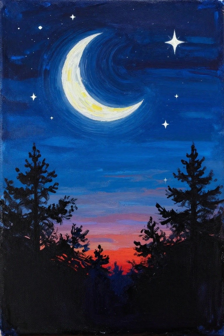 Crescent moon glowing over red horizon with silhouetted pines and scattered stars