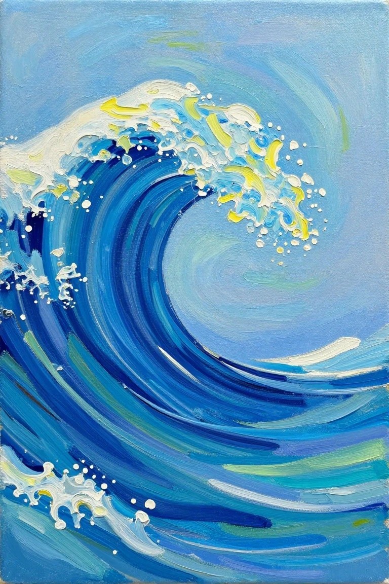 Curling blue ocean wave with white foam and yellow highlights in painting