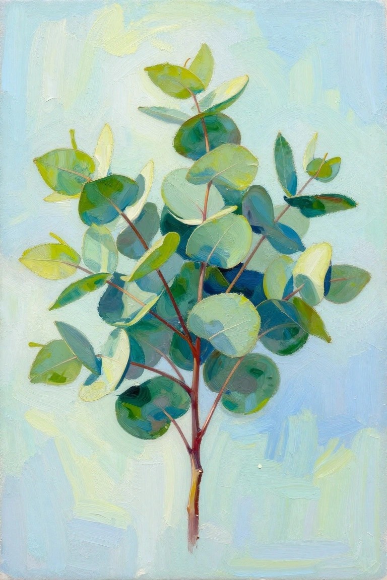 Impressionistic painting of green eucalyptus leaves on reddish stems against light blue background.