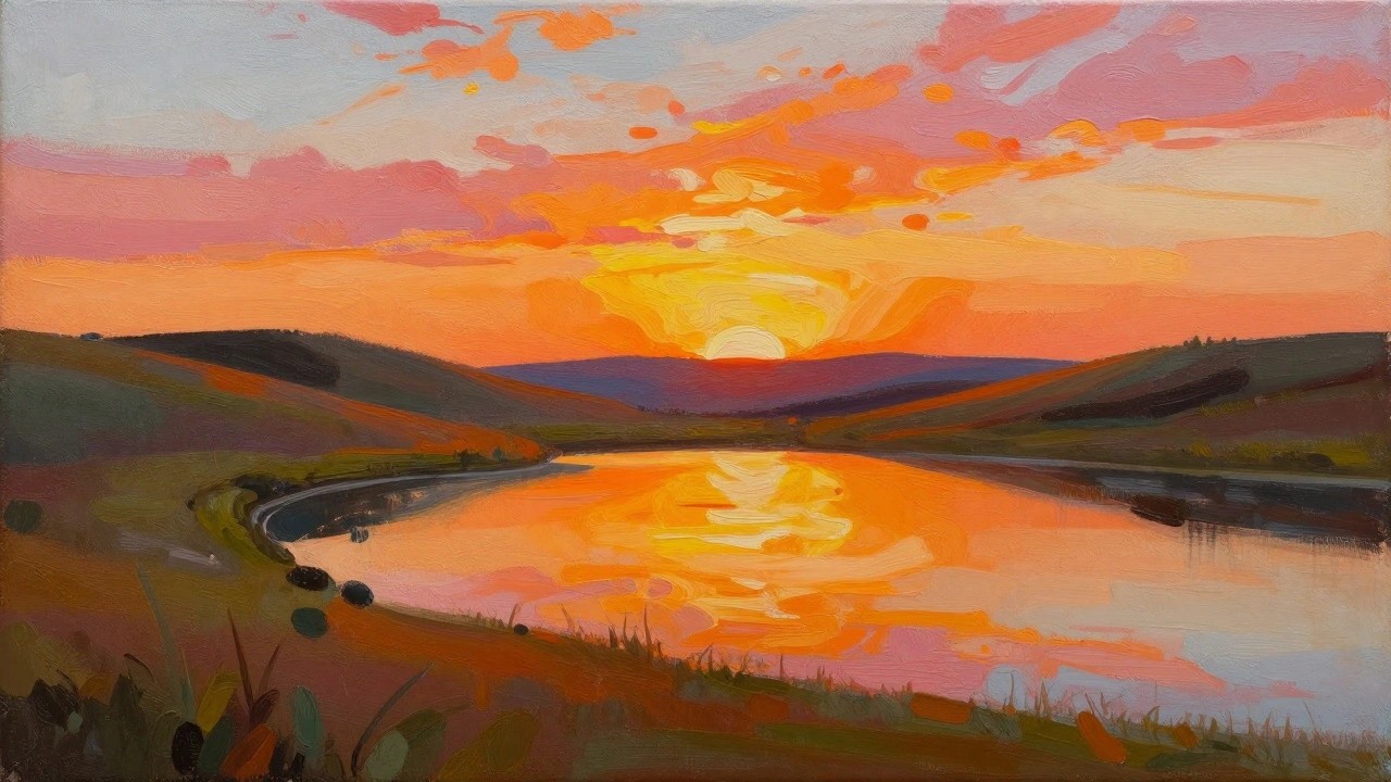 A painting of a vibrant orange and pink sunset over dark hills with the sun reflected in a winding river or lake.