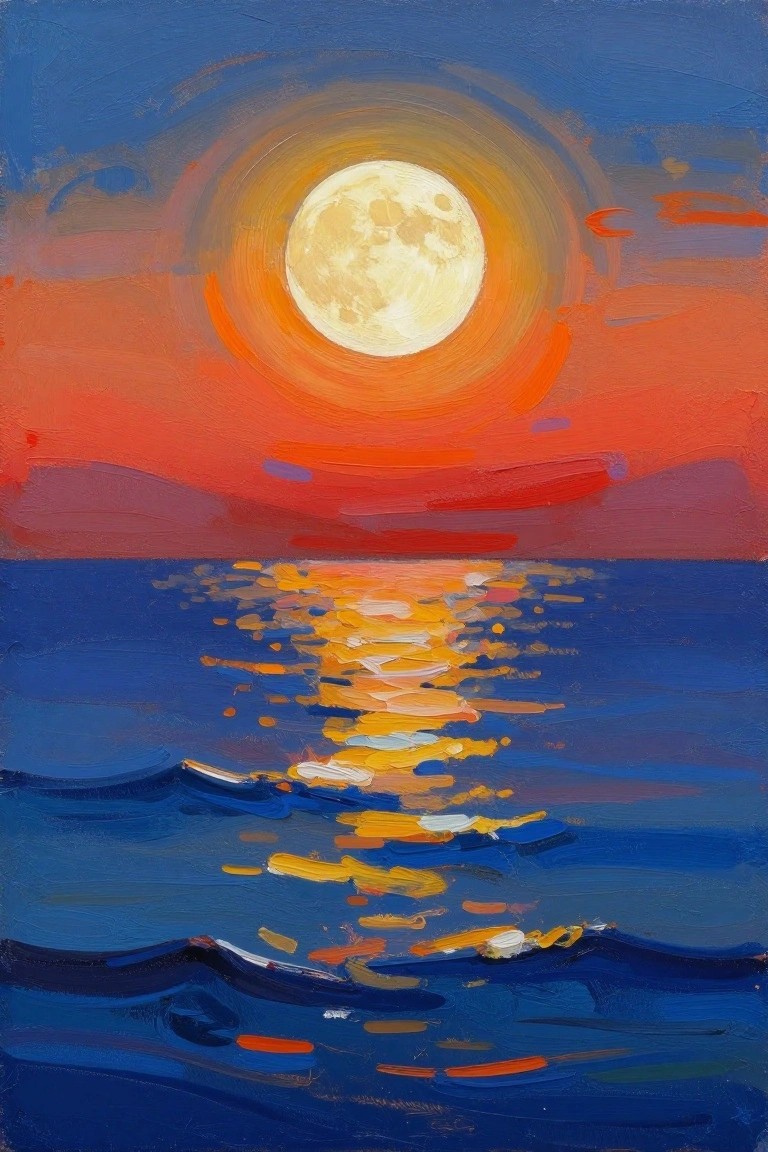 A painting of a large full moon in an orange-red sky above blue ocean water with the moon's reflection on the waves.