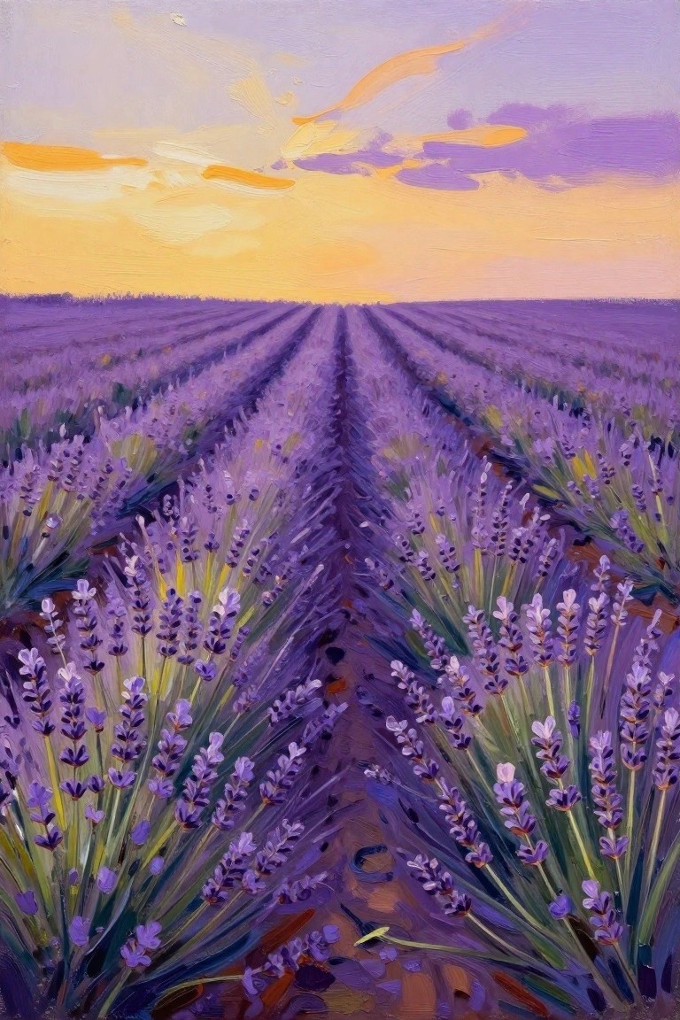 Oil painting of purple lavender rows under a vibrant yellow-orange sunset sky