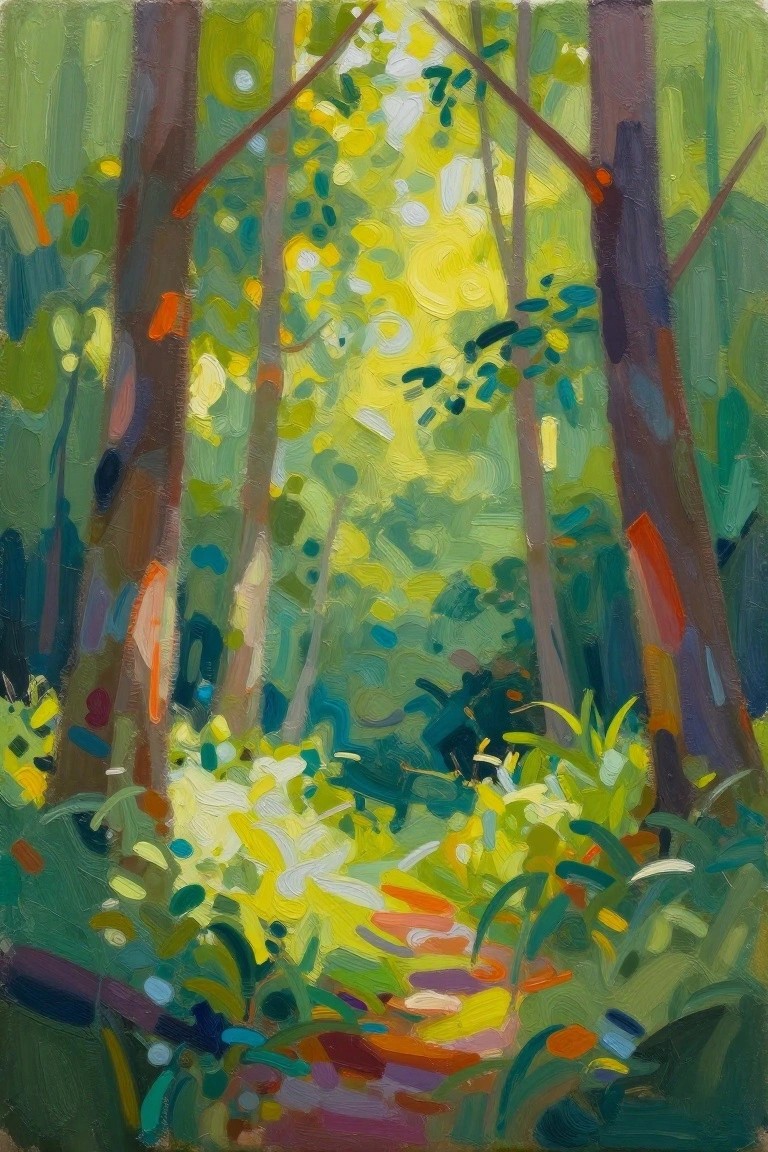 Vibrant abstract painting of sunlit forest with colorful trees and foliage.