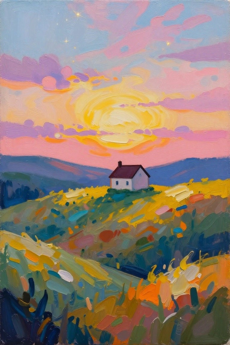 A painting of a small white house on a hill under a colorful sunset sky with swirling clouds and stars above textured fields.
