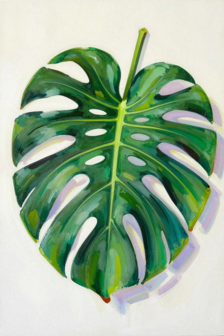 Vibrant green Monstera leaf painting with fenestrations on white background