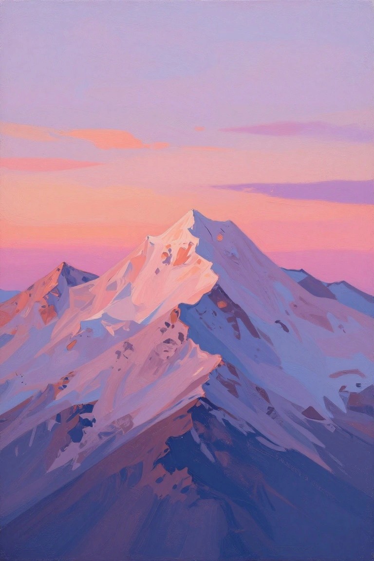 Jagged snow-capped mountains glowing in pink and purple sunset light