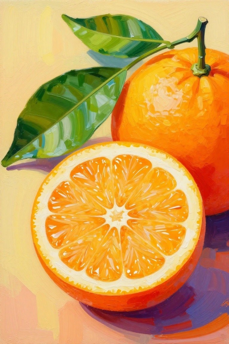 Vibrant painting of whole orange with leaves beside sliced citrus half