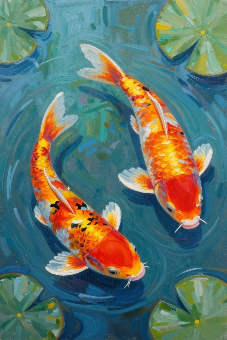 Two vibrant orange koi fish swim among green lily pads in blue water