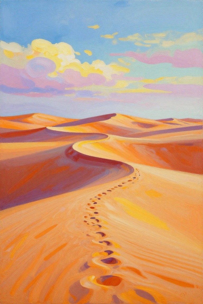 Vibrant painting of footprints winding through curving orange sand dunes under a colorful sky.