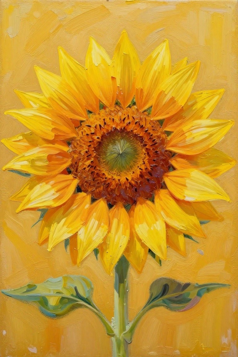 Vibrant impasto sunflower with yellow petals, orange-brown center, and green stem and leaves.