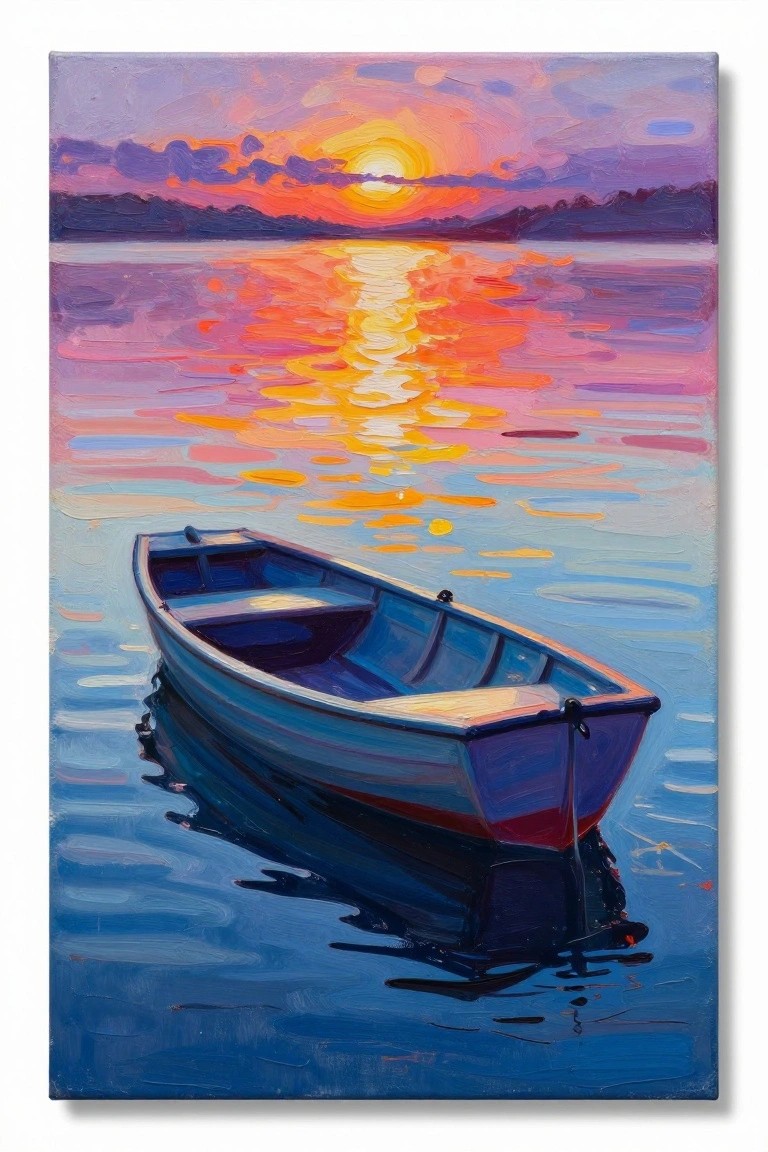 Blue rowboat on calm water reflecting vibrant orange-purple sunset sky