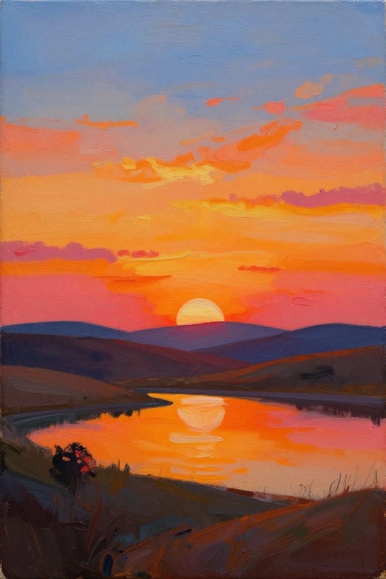 A painting of a vibrant orange and pink sunset over dark hills with the sun reflected in a winding river or lake.