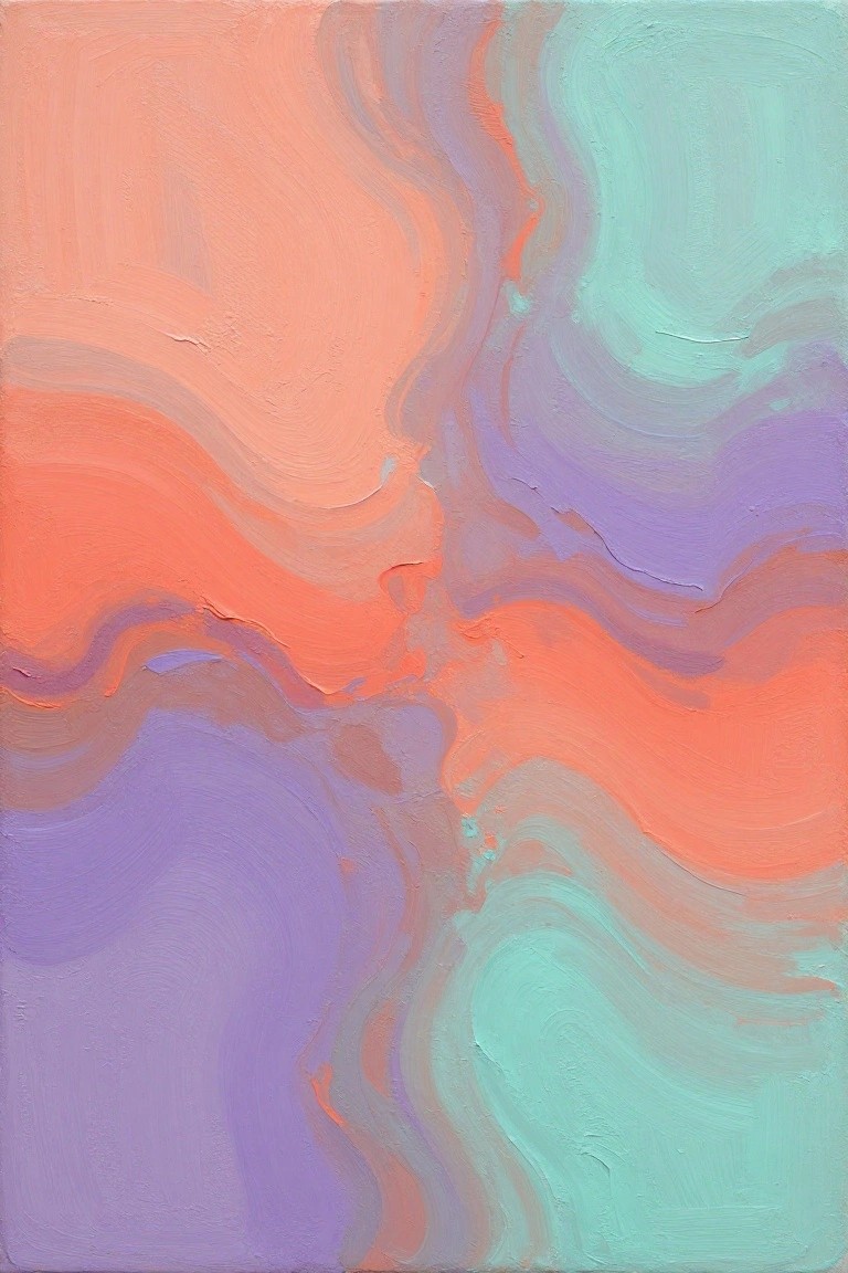 Abstract painting with swirling waves of coral, turquoise, purple, and peach.