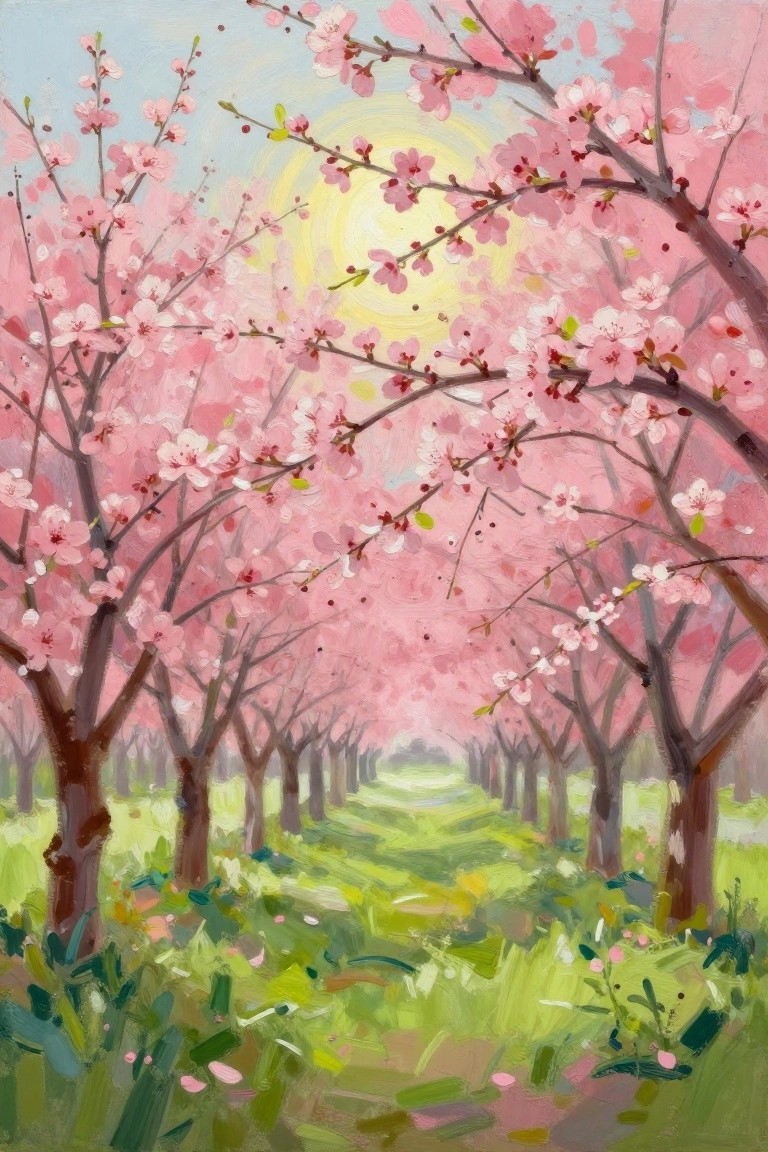 A painting of a path through rows of pink cherry blossom trees with a bright sun in the background.